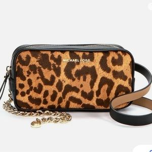 MICHEAL KORS FUR LEOPARD PRINT BELT BAG WITH CHAIN STRAP IN SIZE SM/MD